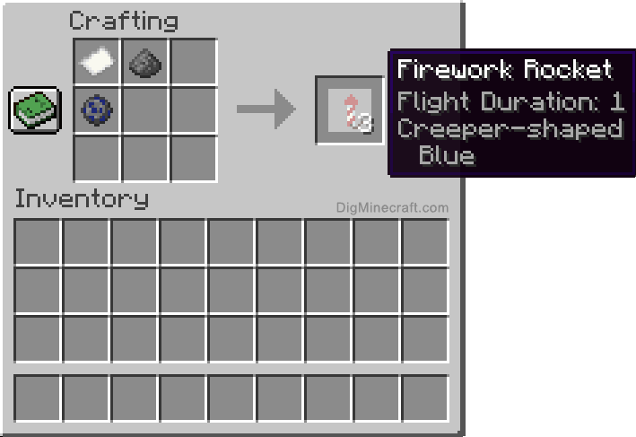 Crafting recipe for blue creeper-shaped firework rocket