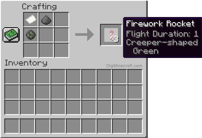 Crafting recipe for green creeper-shaped firework rocket