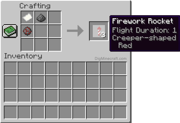 Crafting recipe for red creeper-shaped firework rocket
