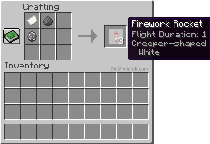 Crafting recipe for white creeper-shaped firework rocket