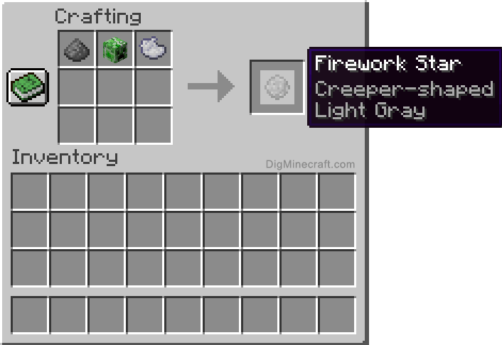 Crafting recipe for light gray creeper-shaped firework star