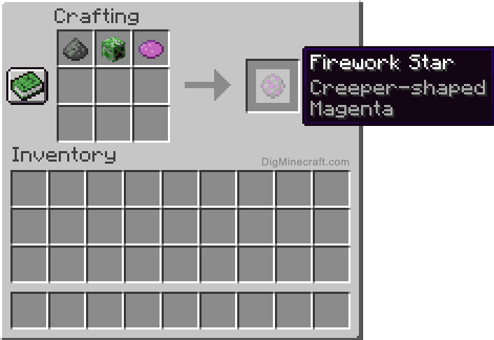 Crafting recipe for magenta creeper-shaped firework star