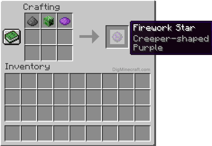 Crafting recipe for purple creeper-shaped firework star