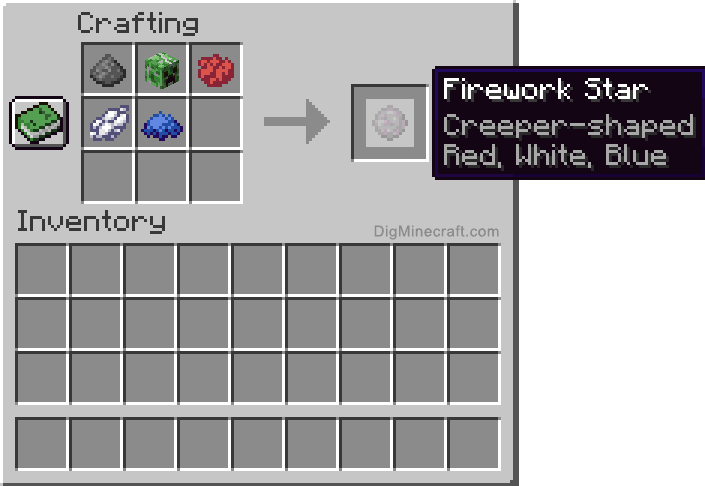 Crafting recipe for red, white and blue creeper-shaped firework star