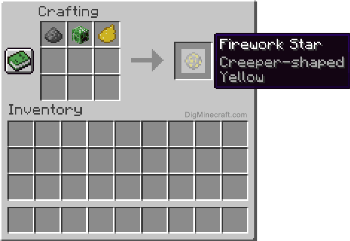 Crafting recipe for yellow creeper-shaped firework star