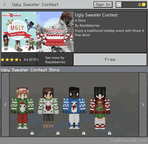 ugly sweater contest skin pack in minecraft store