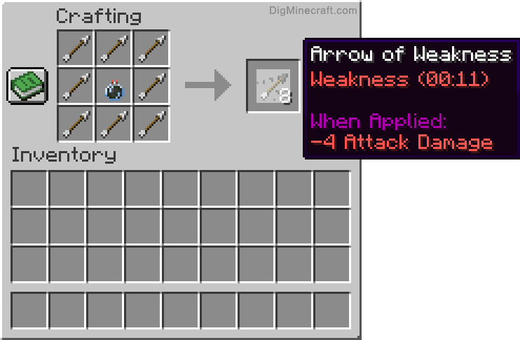 Crafting recipe for arrow of weakness